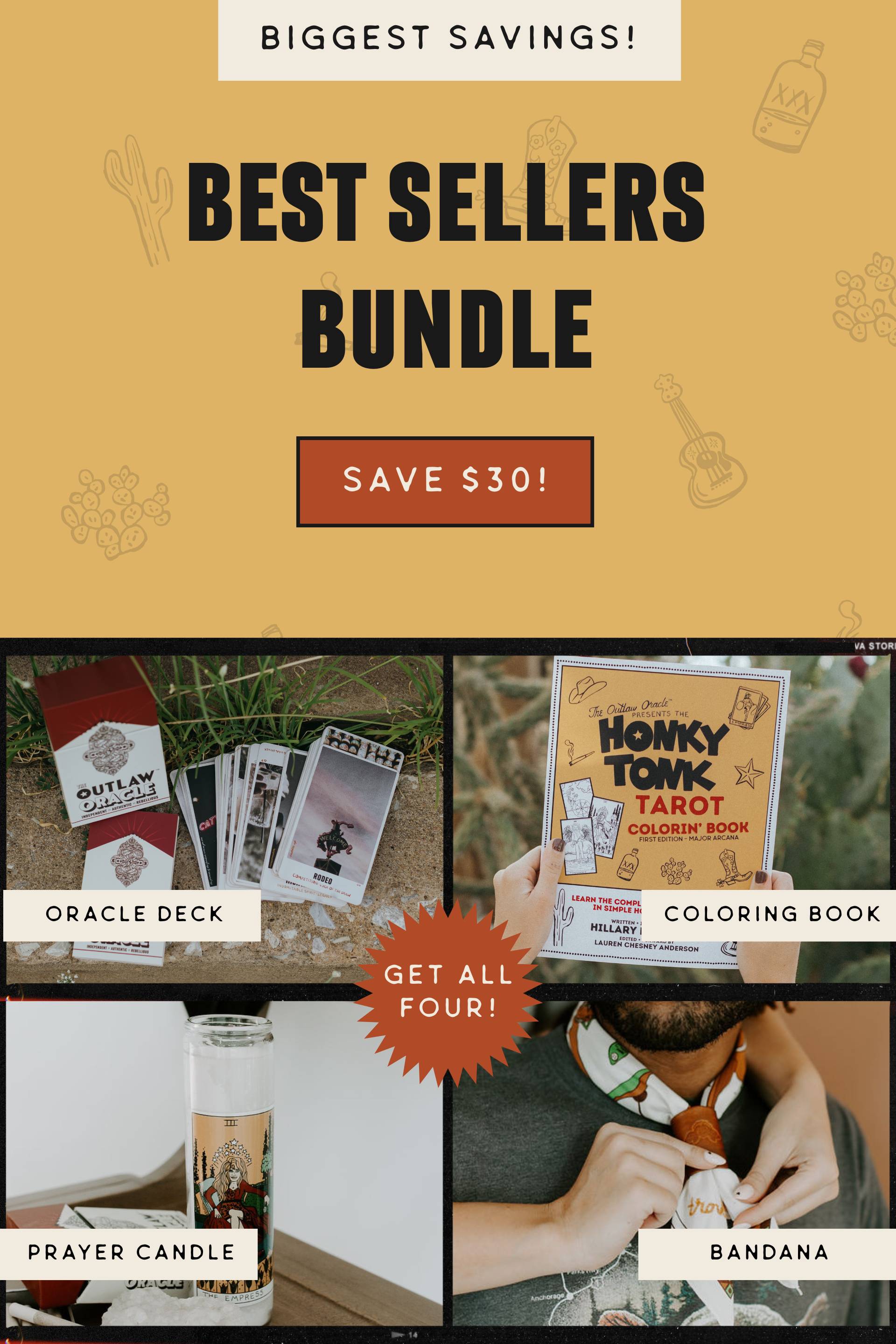 The Outlaw Oracle's western tarot and oracle gift bundle with our four best-selling items displayed: The Outlaw Oracle card deck, The Honky Tonk Tarot Coloring Book, a Honky Tonk  Tarot Prayer Candle + our 22" Highway Kind Bandana that can double as a prayer cloth. 