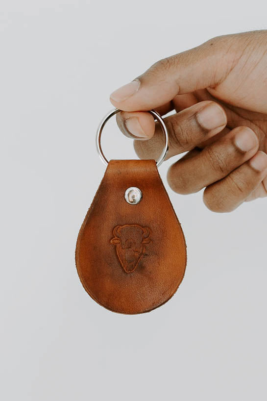 Buffalo design genuine leather keychain showing western tooling detail