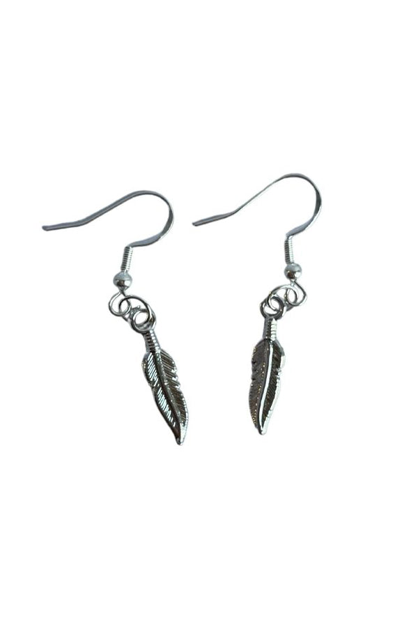 Tibetan silver feather dangle earrings featuring intricate plume detail and antique finish