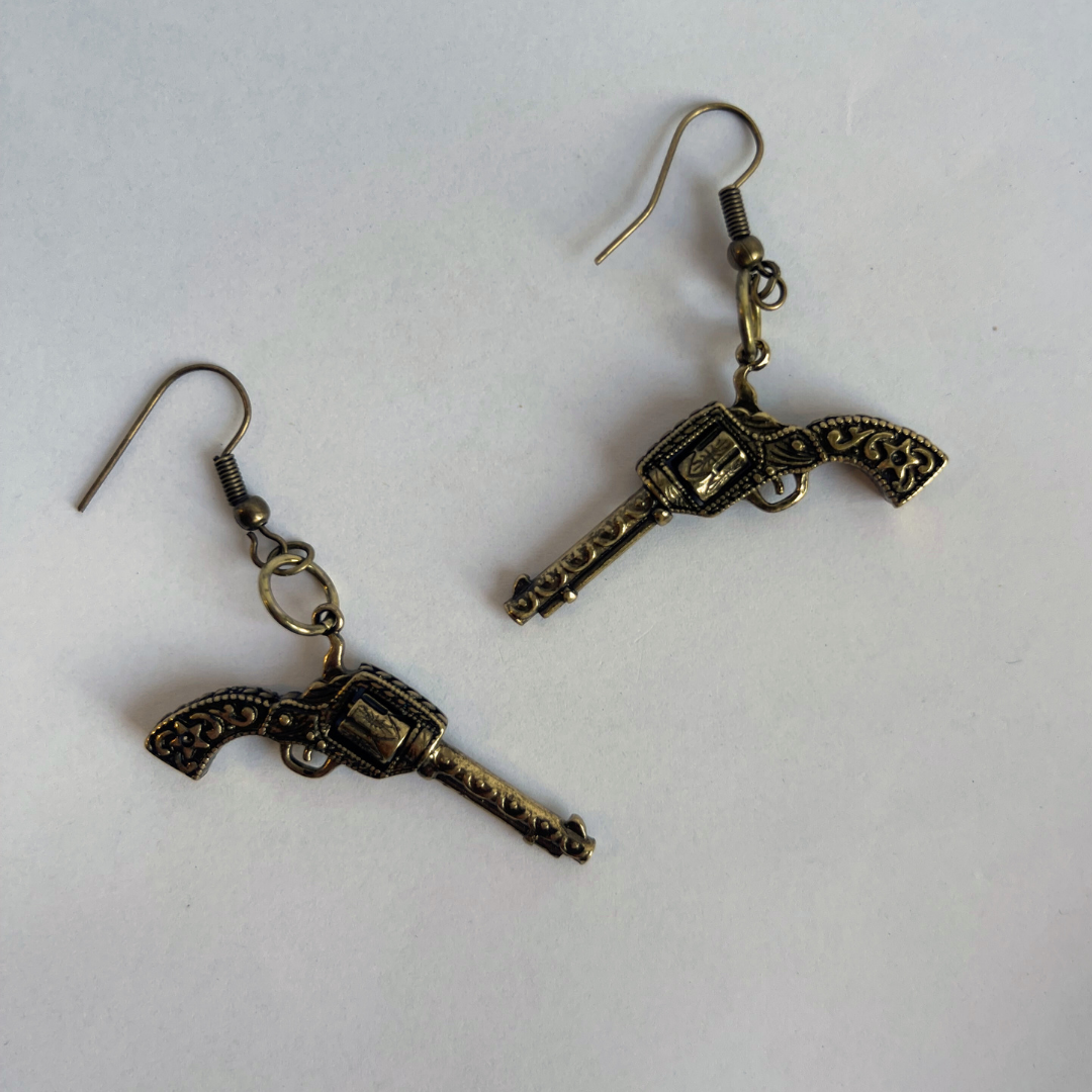 One-of-a-kind bronze spinning revolver dangle earrings with moveable chamber detail