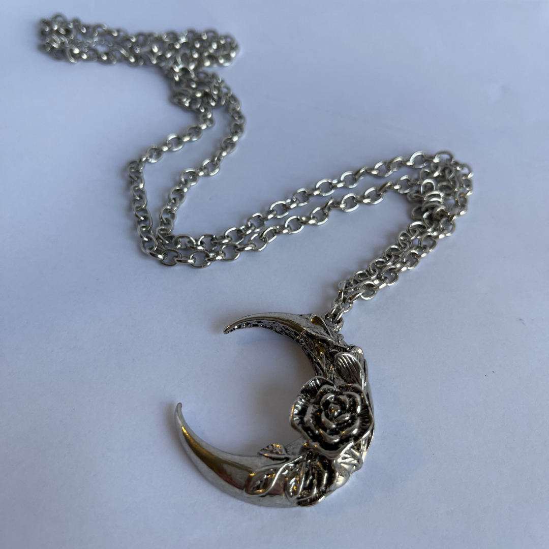 18-inch Tibetan silver crescent moon and rose necklace featuring mystical charm and antique finish