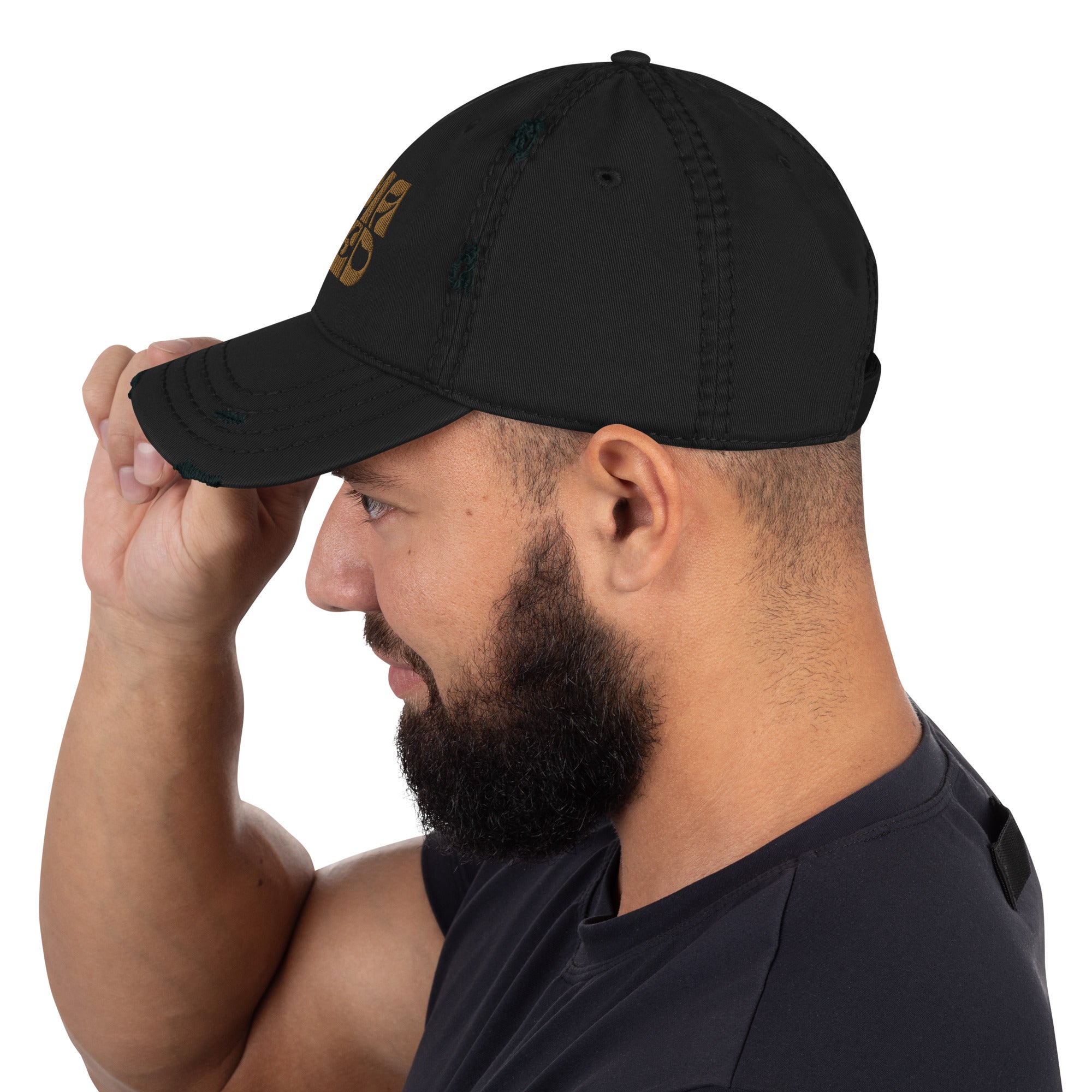 Side profile of distressed Mama Tried dad hat displaying low-profile unstructured design