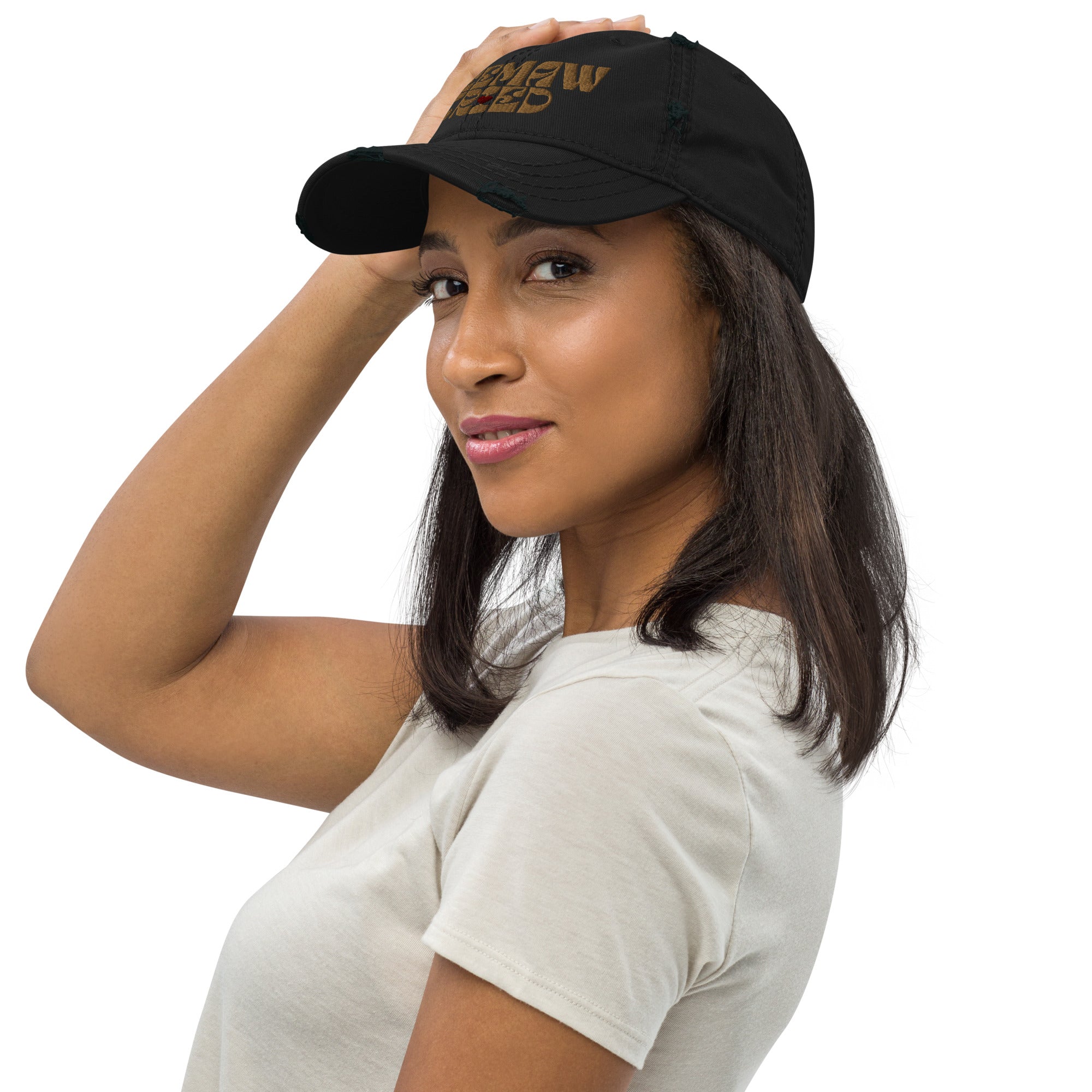 Profile of distressed Meemaw Tried dad hat displaying low-profile unstructured design