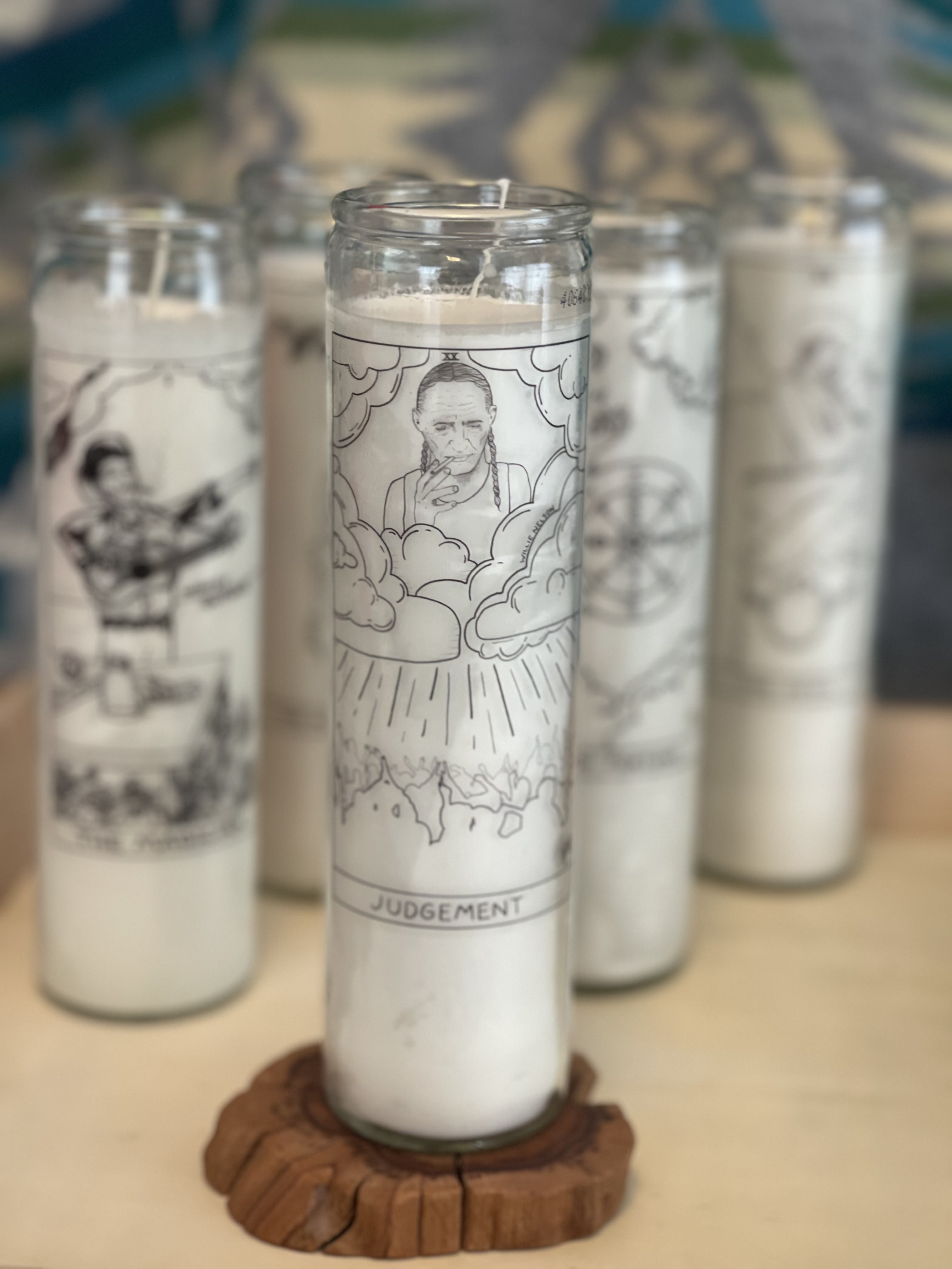 Willie Nelson Judgement Prayer Candle with Black and White Folk Art Illustration from The Outlaw Oracle's Honky Tonk Tarot Collection.